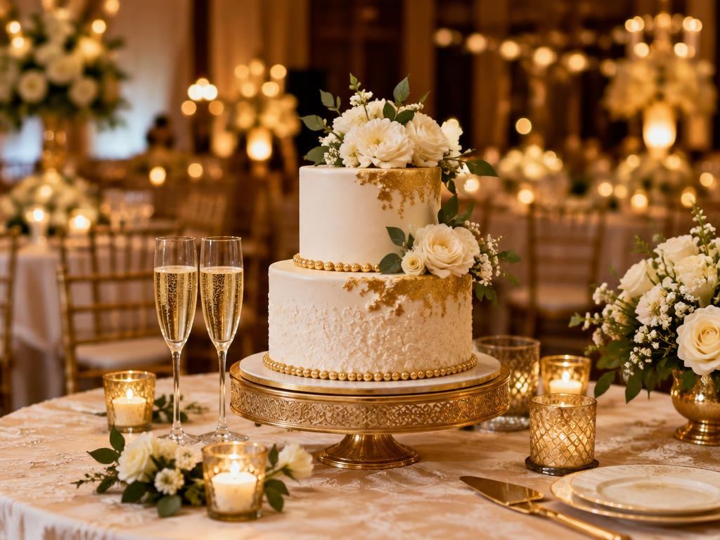 Anniversary cake with flowers and glasses on a decorated table