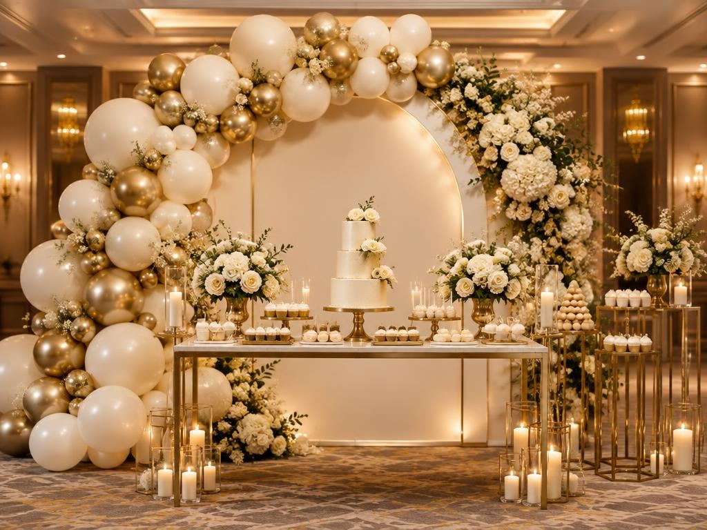 Elegant birthday party décor with balloon arch and dessert table