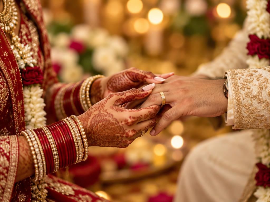 Couple exchanging rings at an Indian engagement ceremony