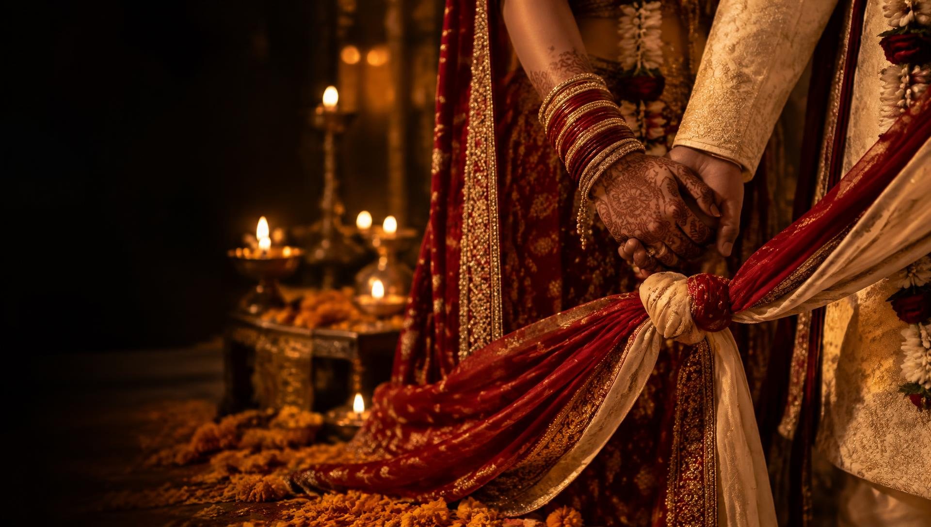 Bride and groom holding hands with their garments tied in a gathbandhan beside lit diyas