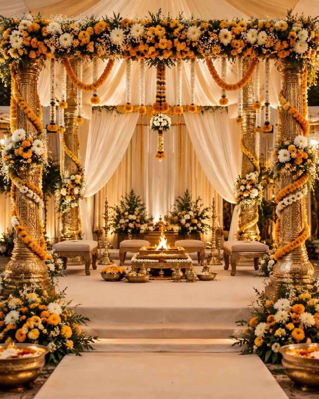 Decorated wedding mandap for a Hindu wedding ceremony
